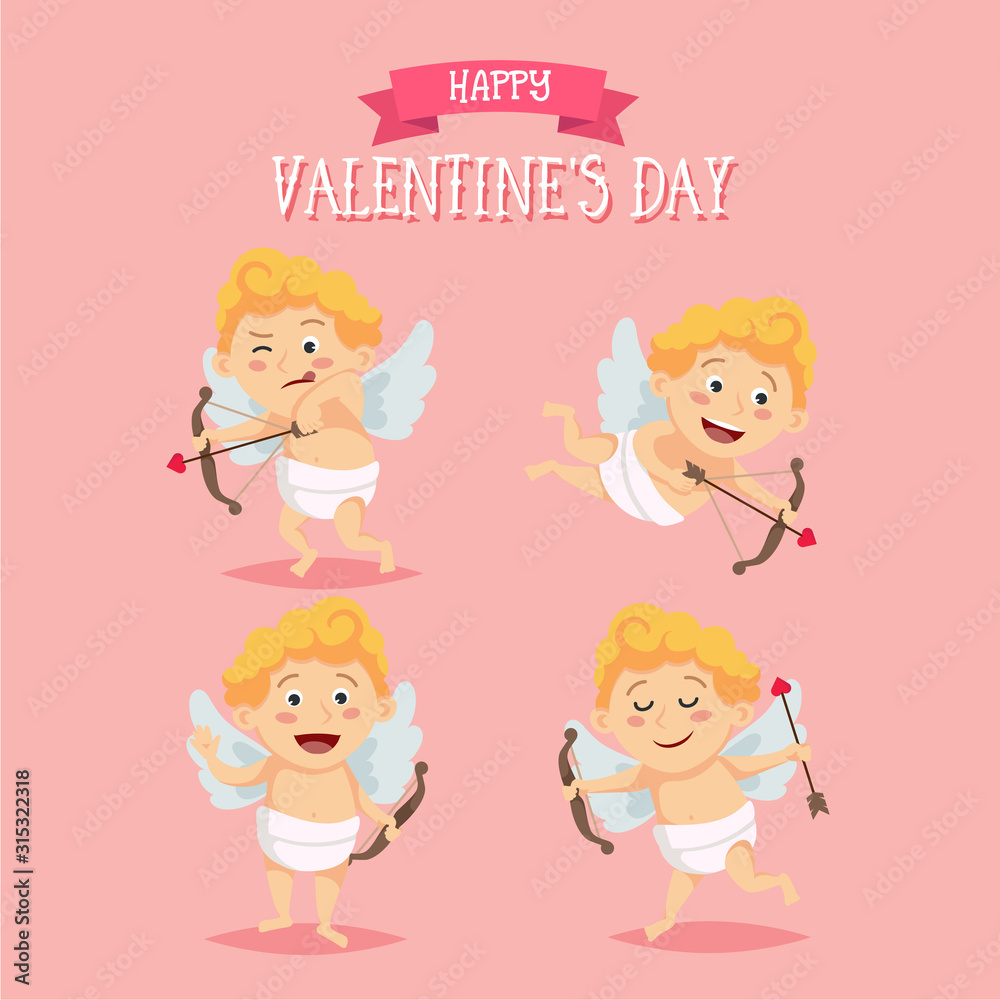 Cupid set. Cute character in different poses with text. Vector illustration in flat style Cupid set. Cute character in different poses with text. Vector illustration in flat style