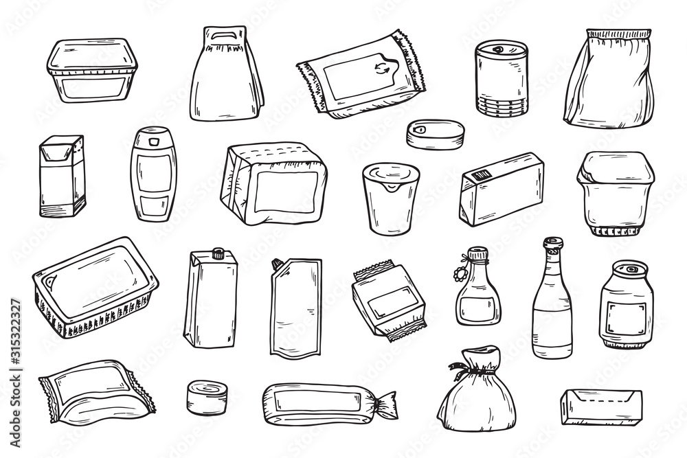 Product packaging Vector set. Mock Up Template Food and drink Packing. Hand Drawn doodle: cans and bottles, plastic boxes, cardboard and paper package blank objects - obrazy, fototapety, plakaty 