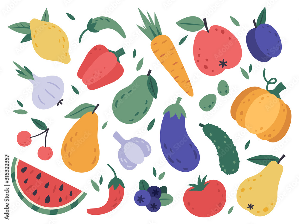 Set flat fruits and vegetables icons drawing Vector Image