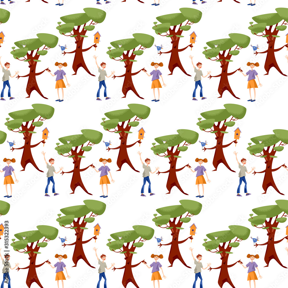 Fototapeta premium A boy and a girl greet a tree and holding hands. Seamless background pattern.
