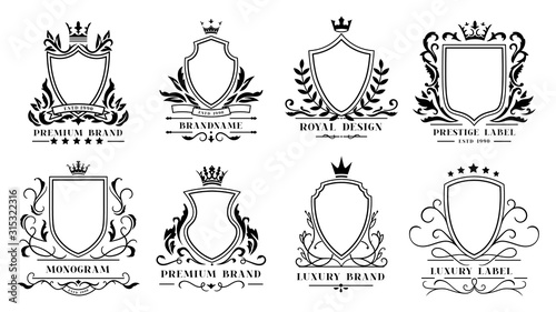 Royal shields badges. Vintage ornamental frames, decorative royal swirl heraldic borders and luxury filigree wedding emblems. Knights shield heraldic decoration isolated vector icons set photo