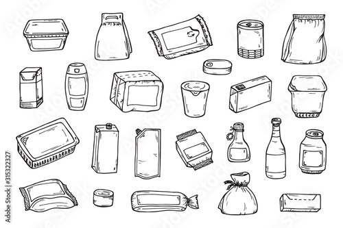 Product packaging Vector set. Mock Up Template Food and drink Packing. Hand Drawn doodle: cans and bottles, plastic boxes, cardboard and paper package blank objects