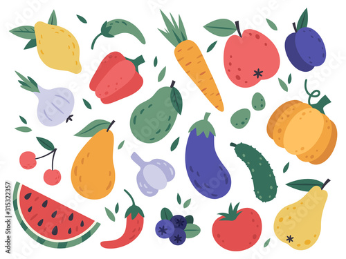 Hand draw fruits and vegetables. Doodle organic vegan tomato, eggplant vegetable, tasty fruits and berries. Natural veggies and fruits. Healthy food isolated vector illustration icons set