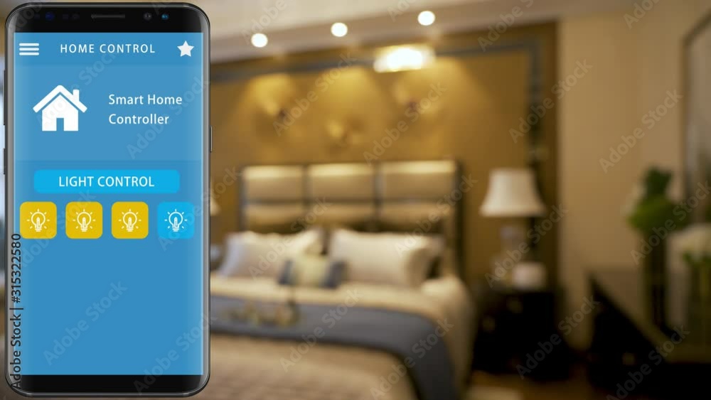Smart Home - smart house, home automation, device with app icons. smart phone with smarthome security app to turn on the lights of house Smart Home - smart house, home automation, device with app icons. smart phone with smarthome security app to turn on the lights of house