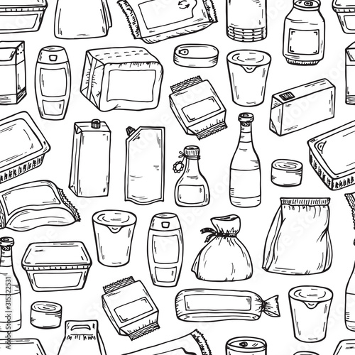 Product packaging Vector Seamless Pattern. Food and drink Packing. Hand Drawn doodle: cans and bottles, plastic boxes, cardboard and paper package blank objects