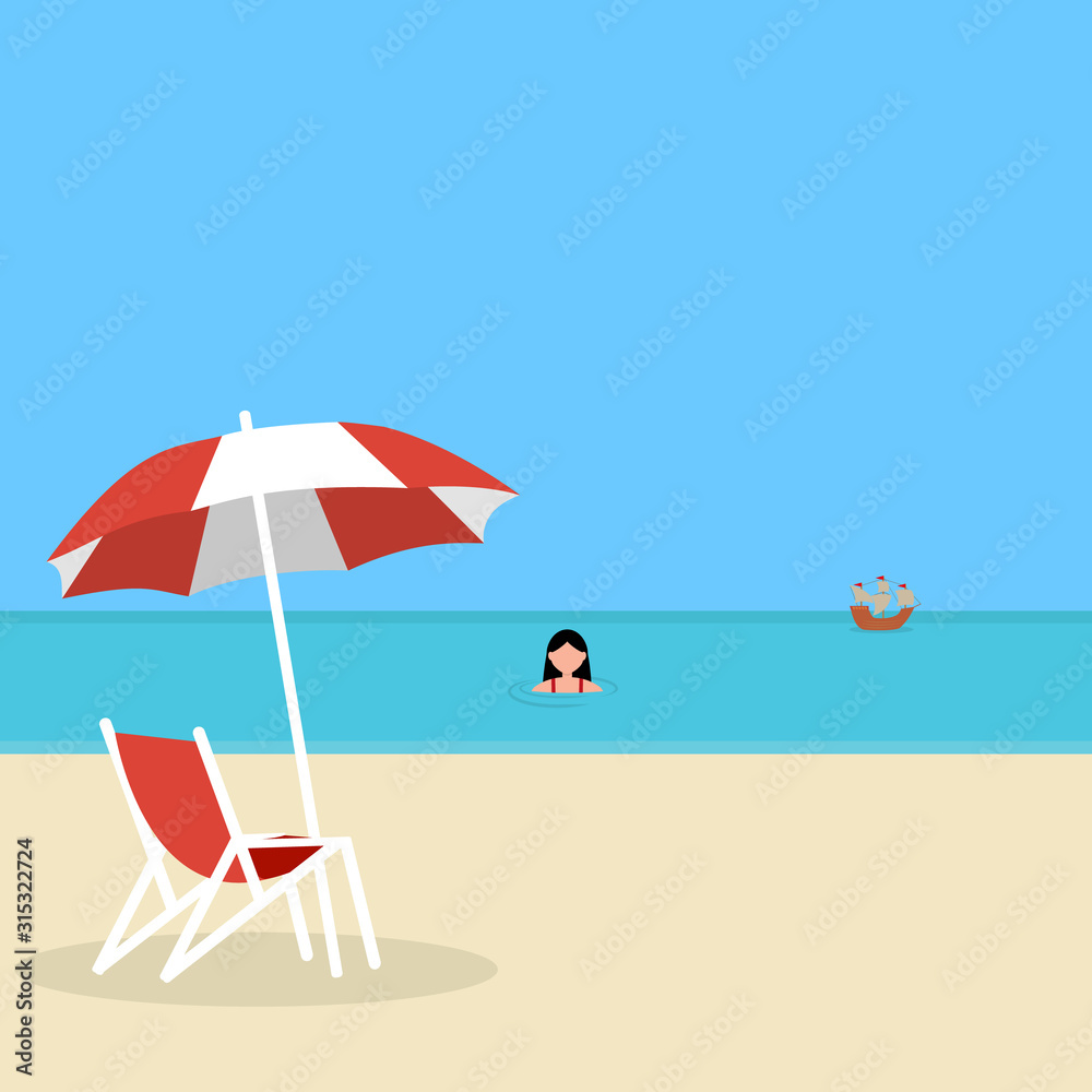 Fototapeta Young woman swims in the sea on vacation on vacation. Cartoon flat design, vector illustration