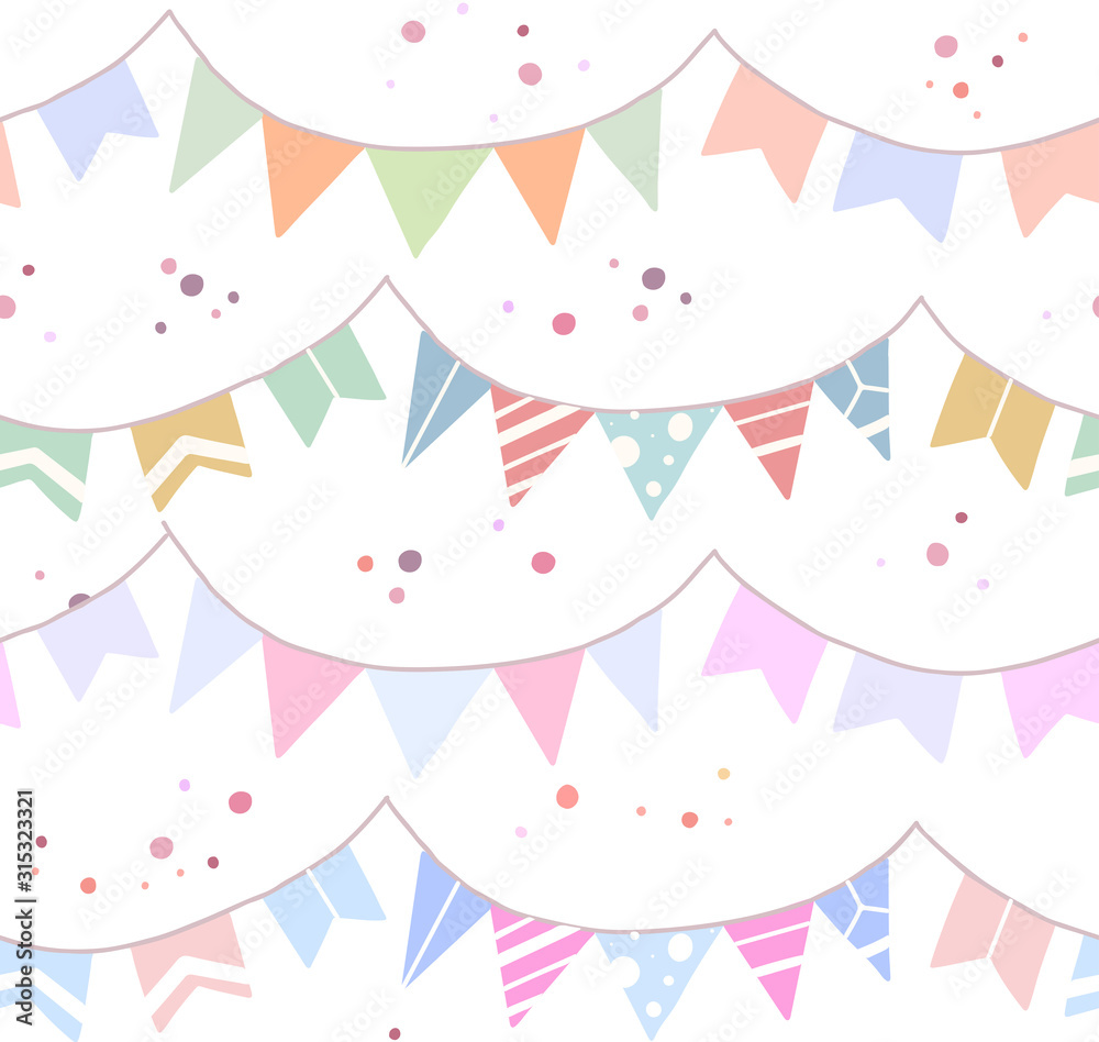 Seamless festive pattern with flat drawn flags, confetti on white background. Wallpaper for birthday and anniversary. Vector texture for fabrics, wrapping paper and your creativity. Seamless festive pattern with flat drawn flags, confetti on white background. Wallpaper for birthday and anniversary. Vector texture for fabrics, wrapping paper and your creativity.