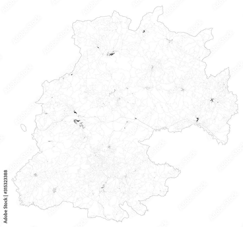 Obraz premium Satellite map of Province of Enna towns and roads, buildings and connecting roads of surrounding areas. Sicily region, Italy. Sicilia. Map roads, ring roads