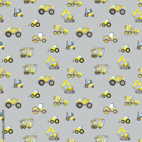 Watercolor construction machinery seamless pattern with truck, excavator, concrete mixer, road roller, forklift, truck crane, scrapper, Builder, drill, construction tools. Children's cars photo