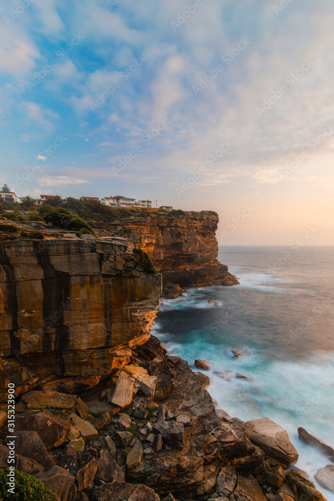 Morning view of the cliff coastline at Diamond Bay, Sydney, Australia.