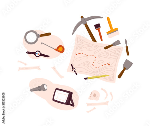 Set of archeology equipment icon with digging out tools, ancient artifacts, map isolated on white background