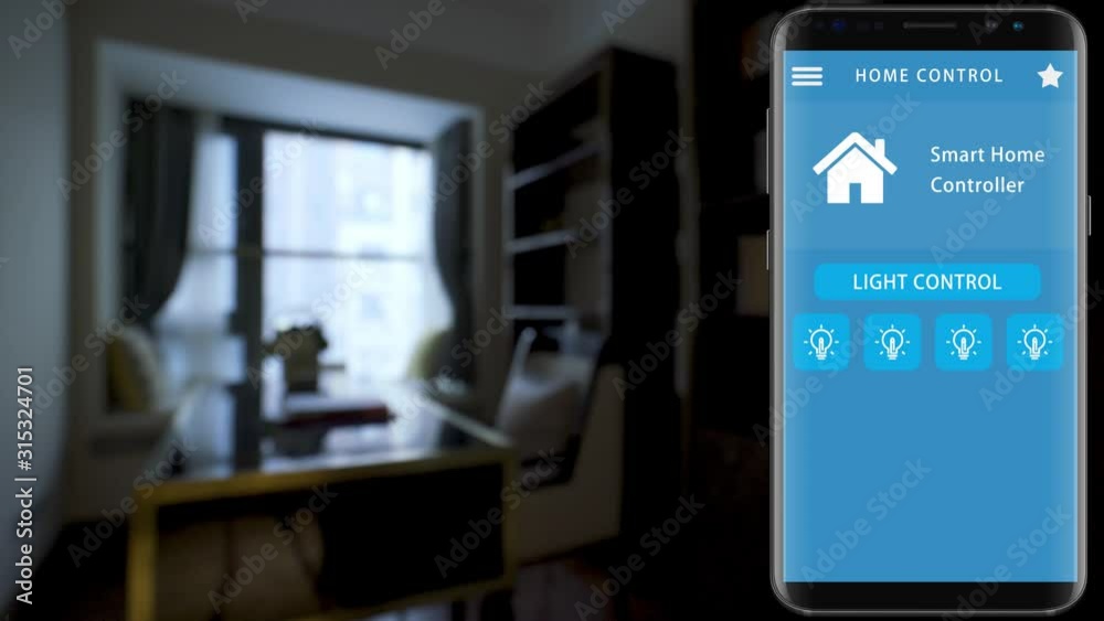 Smart Home - smart house, home automation, device with app icons. smart phone with smarthome security app to turn off the lights of house Smart Home - smart house, home automation, device with app icons. smart phone with smarthome security app to turn off the lights of house