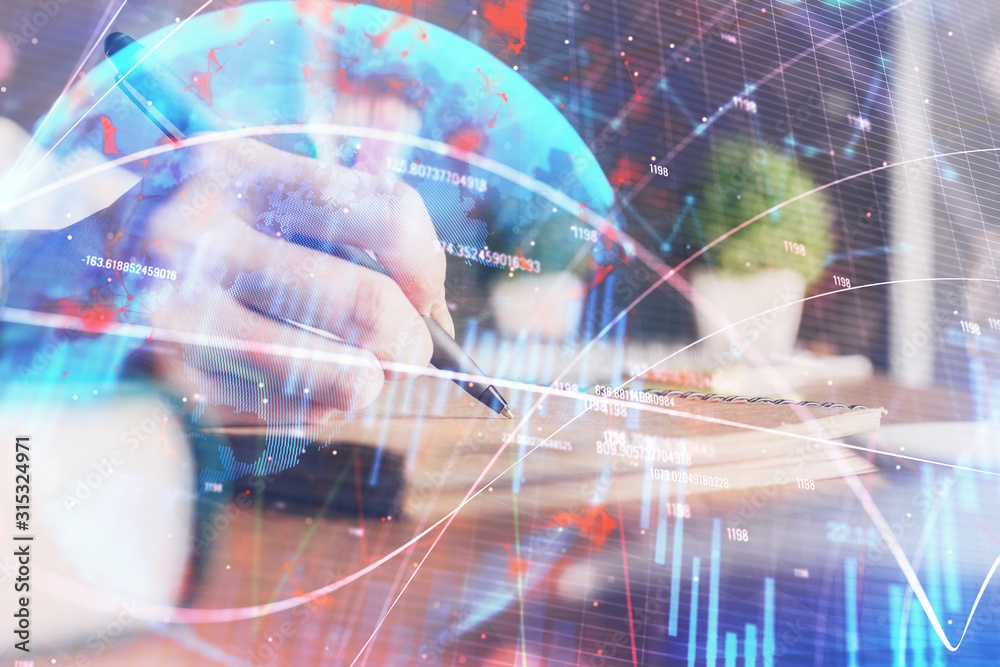 Financial forex charts displayed on woman's hand taking notes background. Concept of research. Double exposure Financial forex charts displayed on woman's hand taking notes background. Concept of research. Double exposure
