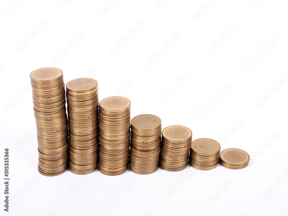 Savings, increasing columns of gold coins isolated on white background Savings, increasing columns of gold coins isolated on white background
