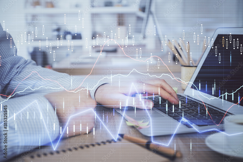 Multi exposure of stock market chart with man working on computer on background. Concept of financial analysis. Multi exposure of stock market chart with man working on computer on background. Concept of financial analysis.