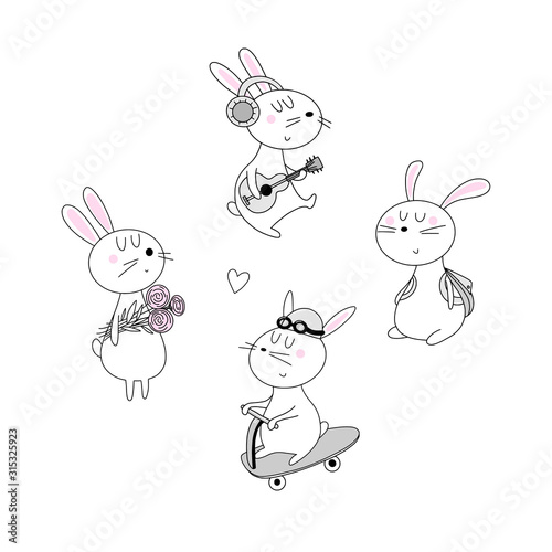 Collection with hares in linear style © rosypatterns