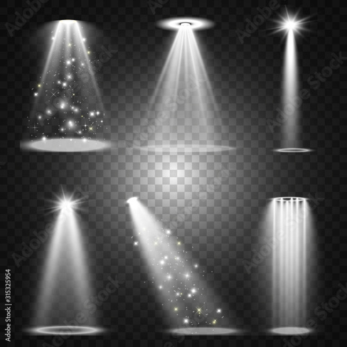 Stage lighting  a collection of transparent effects. Bright lighting with spotlights. Vector illustration. 