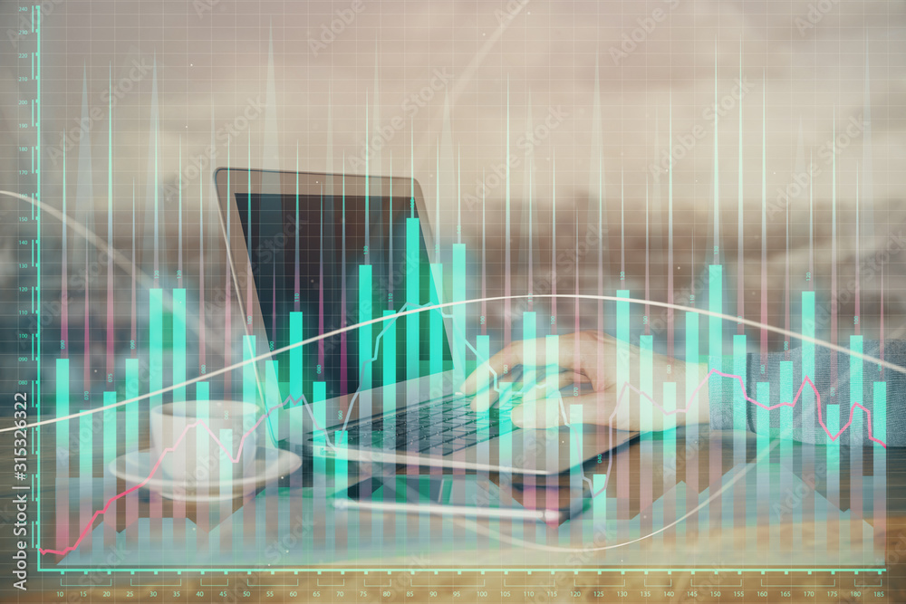 Double exposure of stock market graph with man working on laptop on background. Concept of financial analysis. Double exposure of stock market graph with man working on laptop on background. Concept of financial analysis.