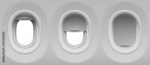 Aircraft windows. Three realistic airplane portholes with open and closed shade. Vector template of plane interior illuminators with white background outside