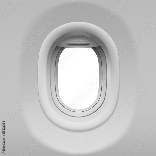 Aircraft window. Realistic airplane porthole with open shade. Vector template of plane interior illuminator with white background outside