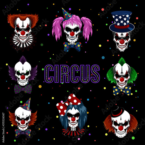 Set of vector images of skulls clowns. Clowns in wigs, hats, jabot. Evil clowns.