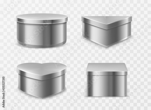 Metal tin boxes for coffee, tea or candies. Vector realistic mockup of round, square, triangle and heart shape cans for packaging dry products, biscuits and sweets isolated on transparent background