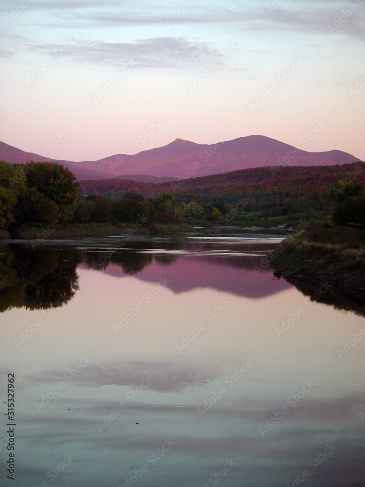 Jay Peak and Missisquoi River at sunset