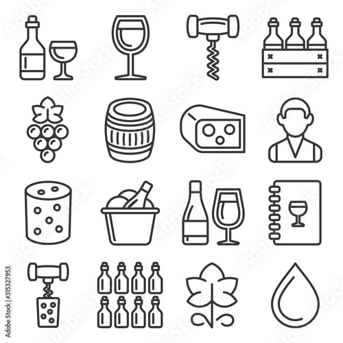 Wine Icons Set on White Background. Line Style Vector