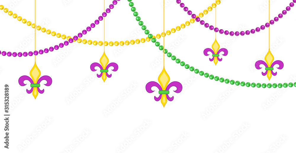 Mardy gras border with beads isolated on white background - obrazy, fototapety, plakaty 