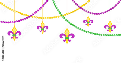 Mardy gras border with beads isolated on white background