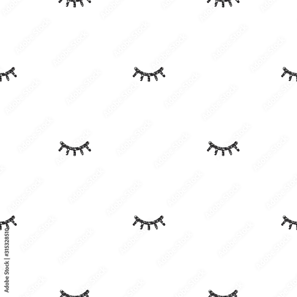 seamless black glitter eyelash pattern on white background