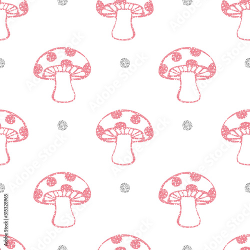 seamless pink glitter mushroom with silver dot glitter pattern on white background