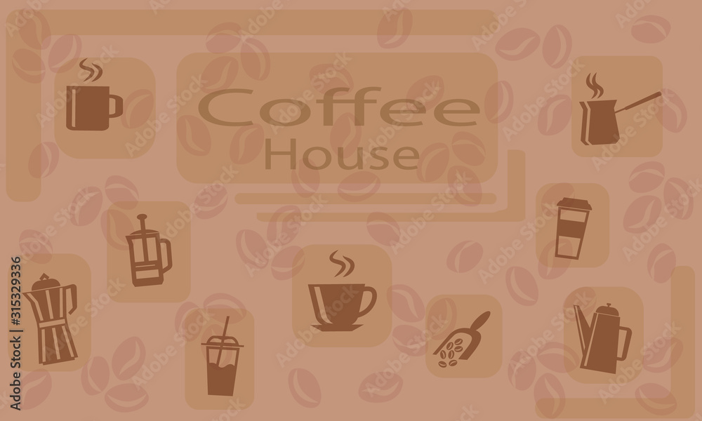 Coffee house design poster, coffee cups and pots, vector background. Coffee house design poster, coffee cups and pots, vector background.