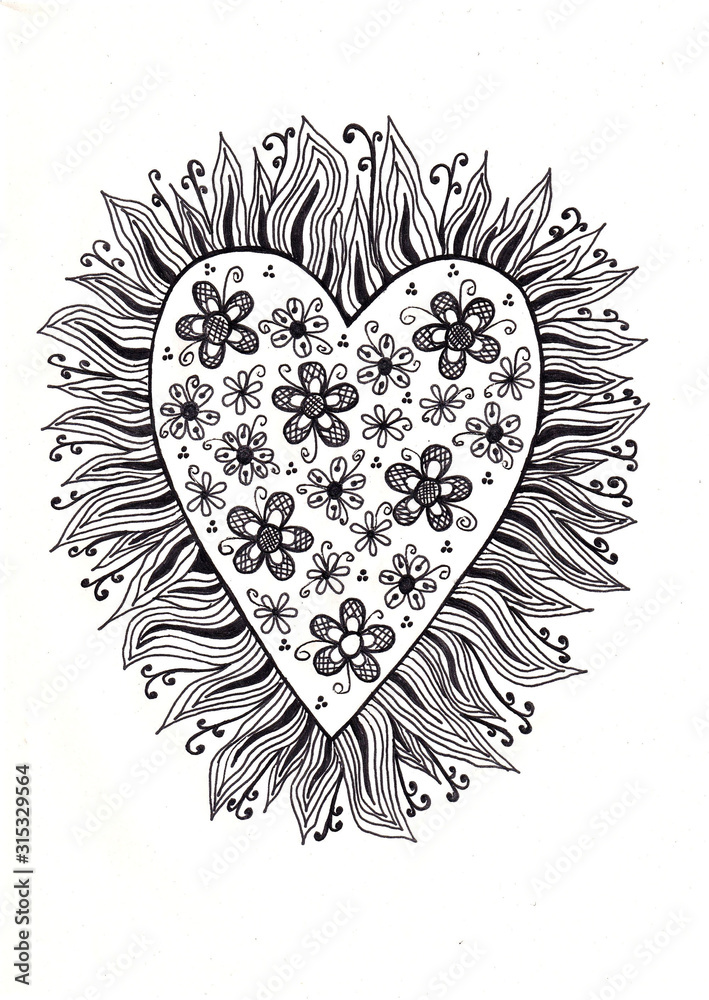 Saint Valentine greeting card, Hand drawn black and white doodle heart Saint Valentine greeting card, Hand drawn black and white doodle heart