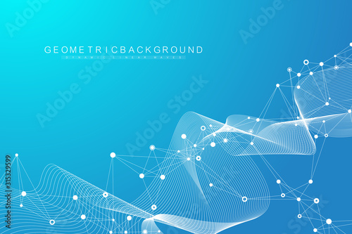 Abstract dynamic motion lines and dots background with colorful particles. Digital streaming background, wave flow. Plexus stream background. Big Data technology, vector illustration