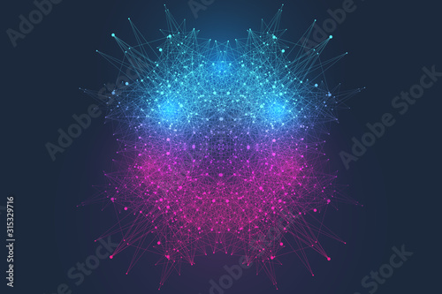 Scientific vector illustration quantum computer technology. Plexus fiction effect. Deep learning artificial intelligence. Big data algorithms visualization. Quantum explosion background.