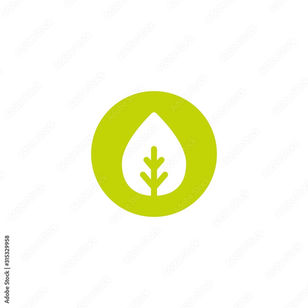 Cartoon flat white leaf in green circle. Eco icon. isolated on white.