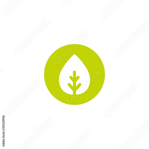 Cartoon flat white leaf in green circle. Eco icon. isolated on white.
