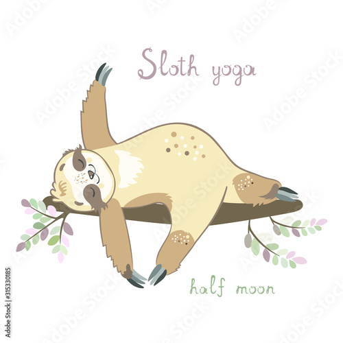 Cute sloth bear in half moon yoga position. Sloth doing yoga. Meditation. Unique hand-drawing vector illustration.