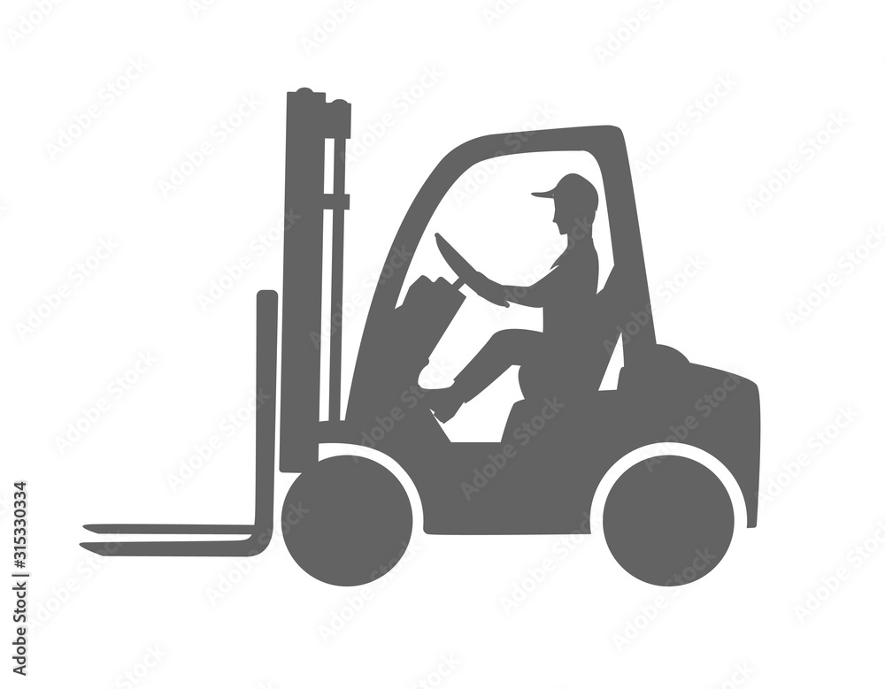 forklift with driver sign.black and white line, flat design.vector image isolated on white.