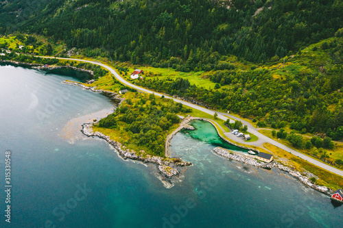 Drone aerial view of blue Norway fjord water photo