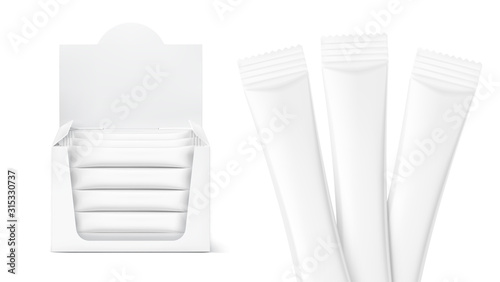 Show box blank mockup with set of sachet packaging insight in the food, cosmetic and hygiene. Vector illustration on white background. Ready for your design. EPS10.