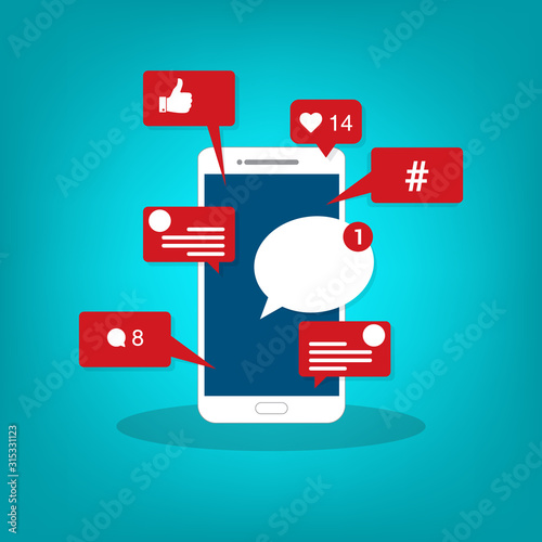 Viral content, social activity and smm - likes, shares and comments popping up on the mobile screen. Vector illustration. 