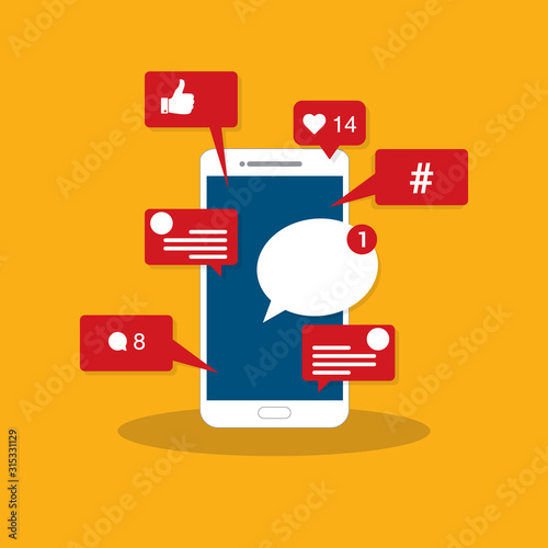 Viral content, social activity and smm - likes, shares and comments popping up on the mobile screen. Vector illustration. 