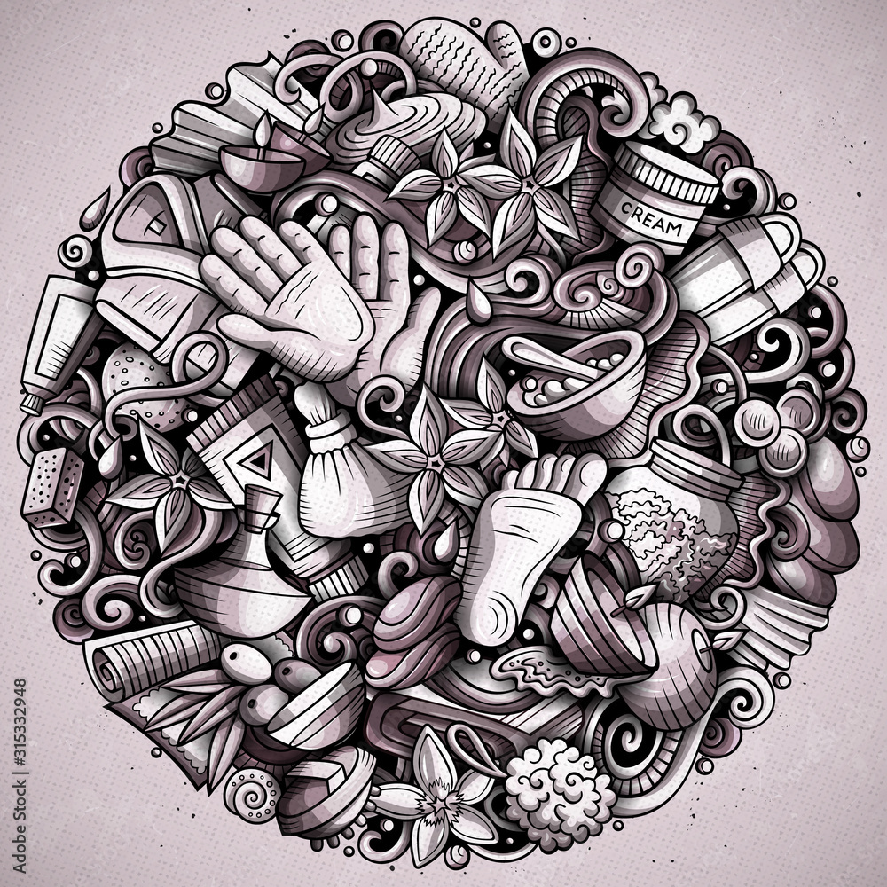 Massage hand drawn vector doodles round illustration. Spa salon poster design