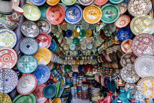 Colorful ceramic bowls sold in old town of Marrakech, Morocco