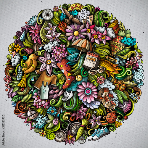 Spring hand drawn vector doodles illustration. Nature round design.