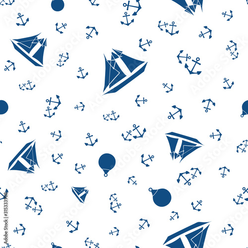 Vector nautical design with blue sailing boats, anchors and buoys. Seamless repeat pattern on white background. For travel, sport, nautical, summer products,brochures,vacation, fabric