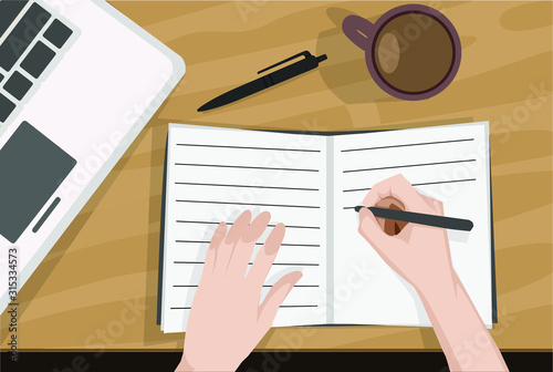 someone writing in the desk work with laptop and coffee vector illustartion