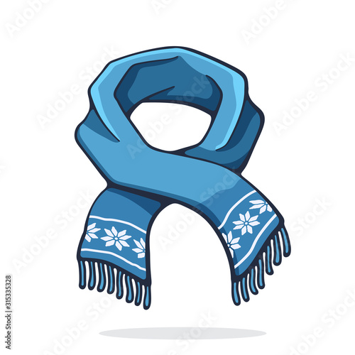Vector illustration. Wool winter scarf with snowflake pattern. Accessory for cold weather. Graphic design with contour. Clip-art print for showcase, greeting card. Isolated on white background